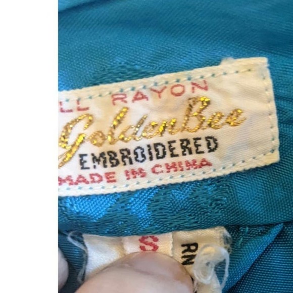 Vintage Golden Bee Asian Turquoise Robe with Belt, Rayon, Small - Picture 7 of 8